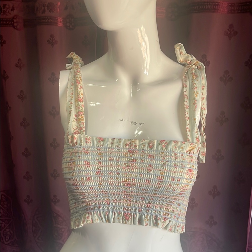 Petersyn Floral Smocked Crop Top in Ivory with Pink & Green Accents